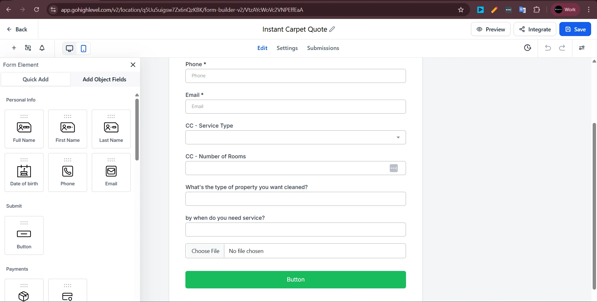 The Instant Carpet Quote form with service type, rooms and photo upload
