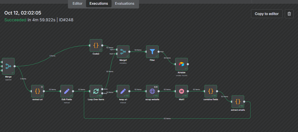 A successful run: 52 businesses found, 40 validated leads saved