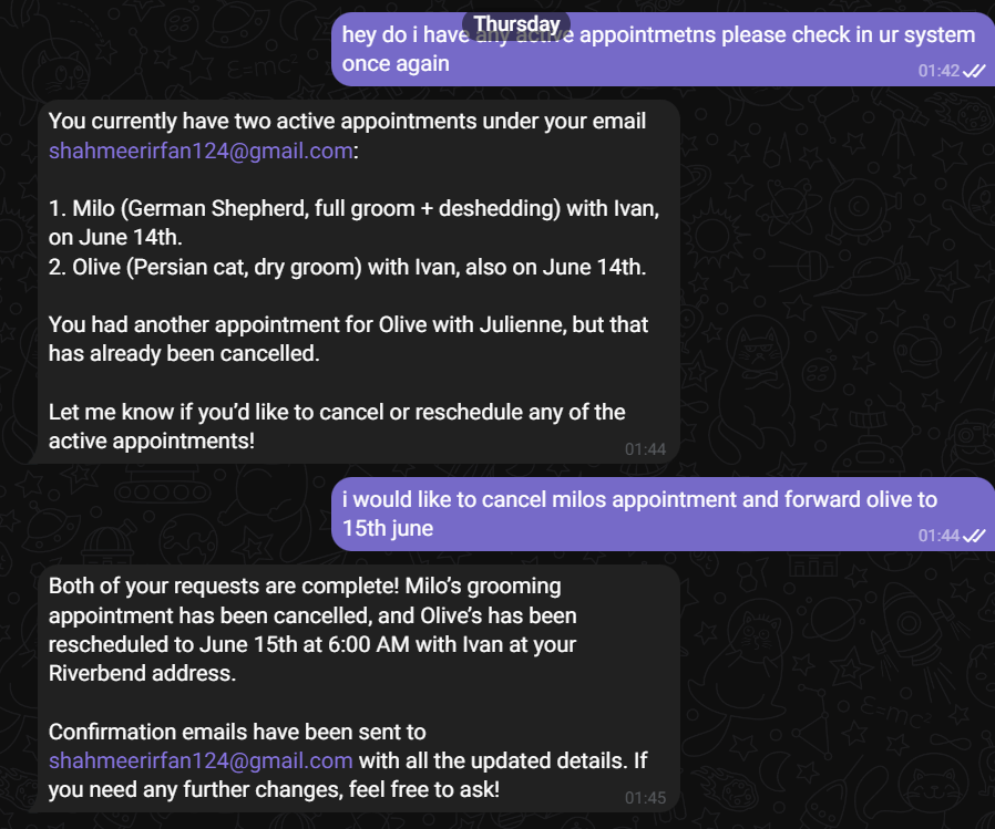 A real Telegram conversation: checking, cancelling and rescheduling in chat