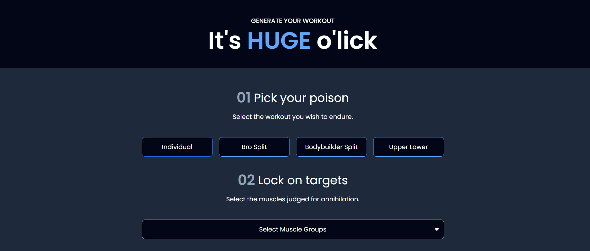 The workout generator: pick a split, then target muscle groups